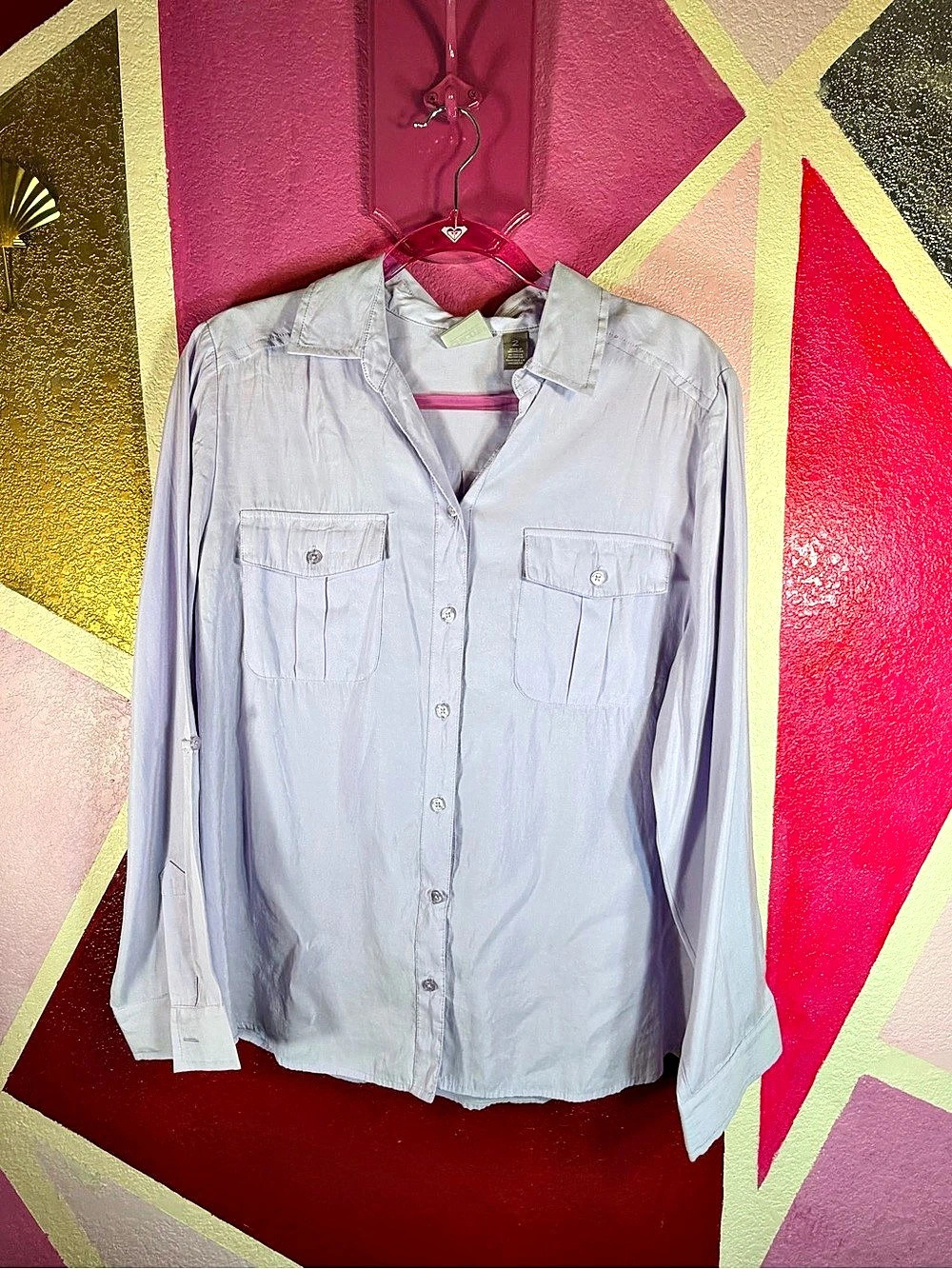 Chico's Lavender Utility Button Up Shirt Roll Tab Sleeves Size 2 (L)